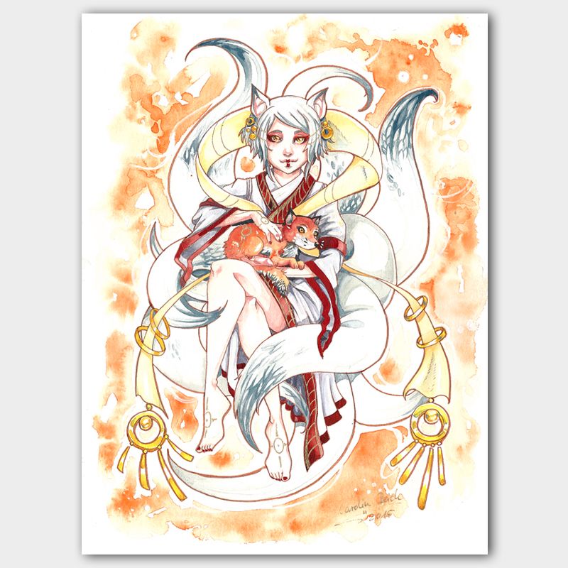 Print watercolor drawing fox goddess